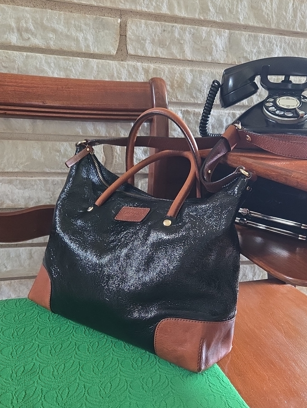 Kate Spade Black Patent & Brown Leather Court Tote